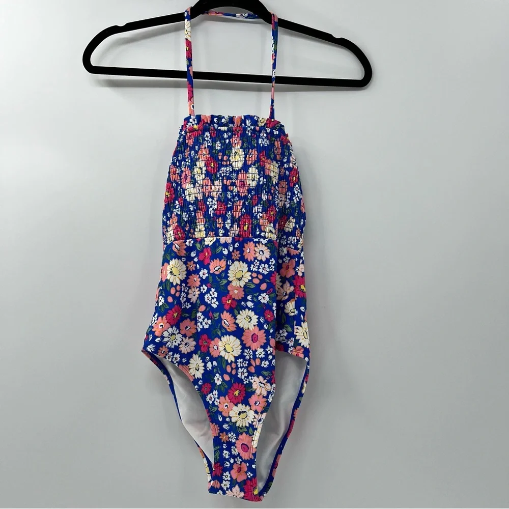 Cupshe Blue Floral Smocked Halter One Piece Swimsuit XS NWT Ruffle
